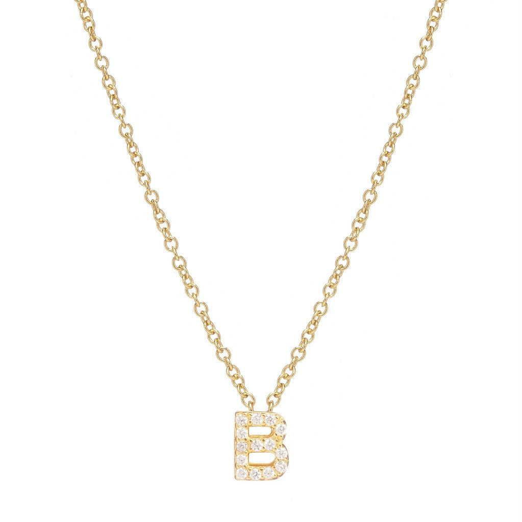 Petite Diamond Initial Necklace, letter B – 18k yellow gold plated sterling silver with genuine diamond pavé pendant – Sugar Bean Jewelry