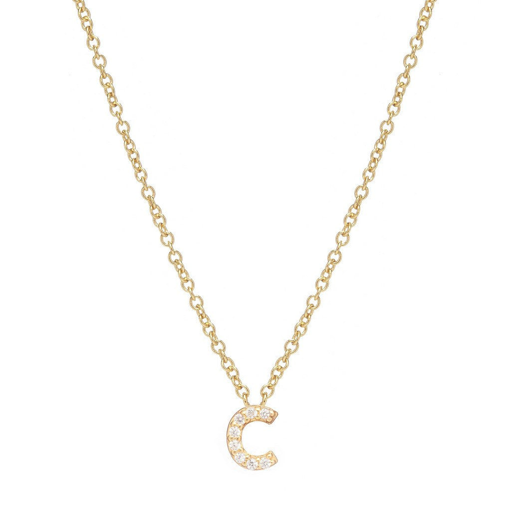 Petite Diamond Initial Necklace, letter C – 18k yellow gold plated sterling silver with genuine diamond pavé pendant – Sugar Bean Jewelry
