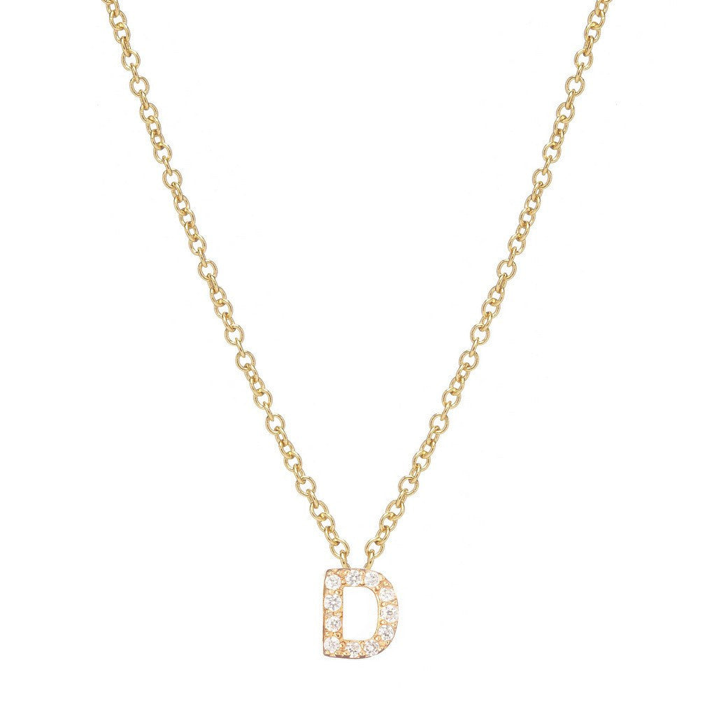 Petite Diamond Initial Necklace, letter D – 18k yellow gold plated sterling silver with genuine diamond pavé pendant – Sugar Bean Jewelry