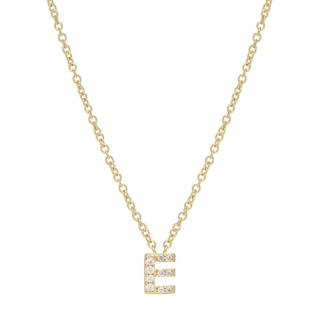 Petite Diamond Initial Necklace, letter E – 18k yellow gold plated sterling silver with genuine diamond pavé pendant – Sugar Bean Jewelry