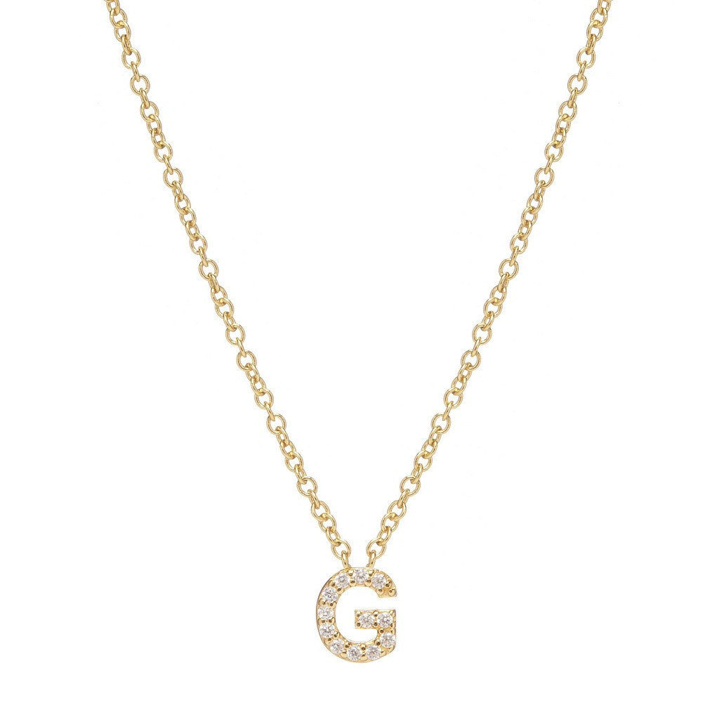 Petite Diamond Initial Necklace, letter G – 18k yellow gold plated sterling silver with genuine diamond pavé pendant – Sugar Bean Jewelry