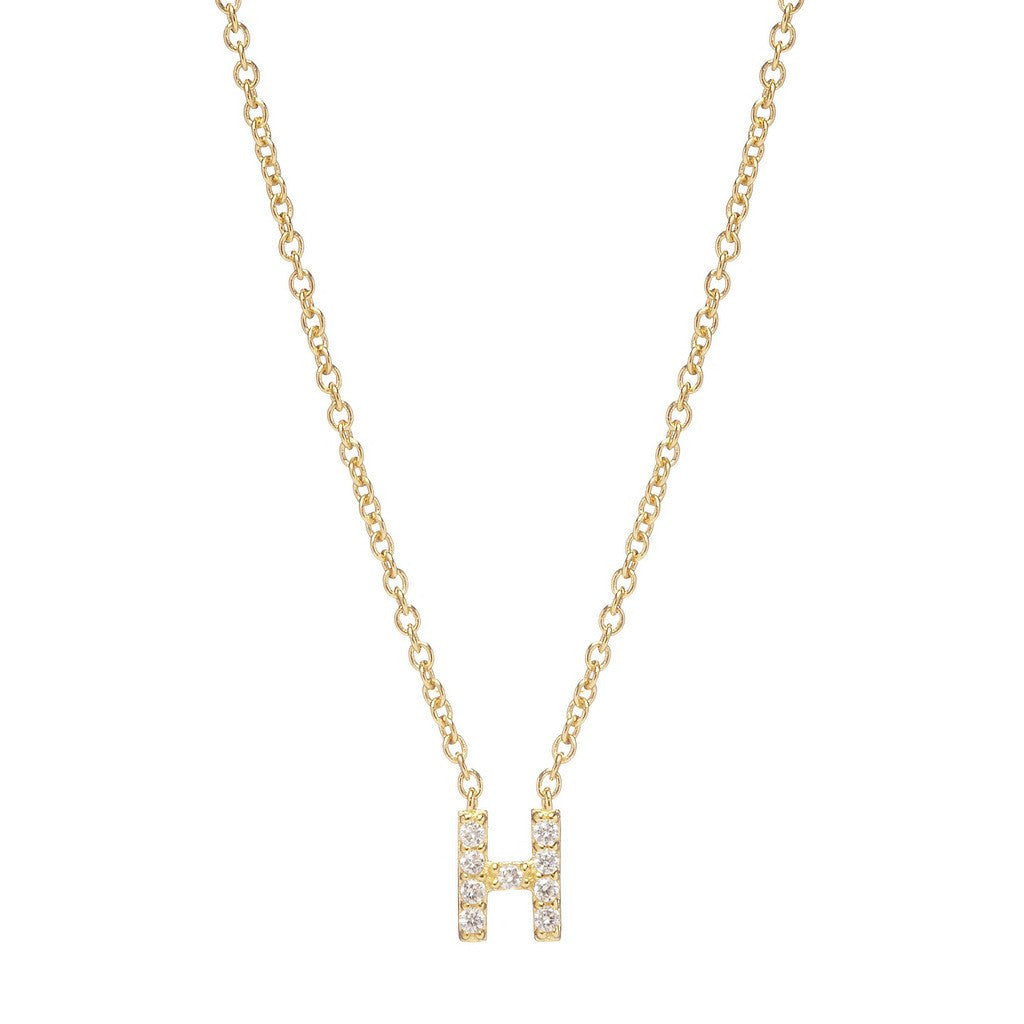 Petite Diamond Initial Necklace, letter H – 18k yellow gold plated sterling silver with genuine diamond pavé pendant – Sugar Bean Jewelry
