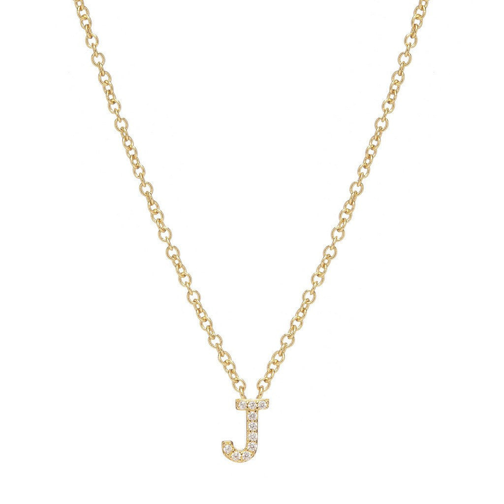 Petite Diamond Initial Necklace, letter J – 18k yellow gold plated sterling silver with genuine diamond pavé pendant – Sugar Bean Jewelry