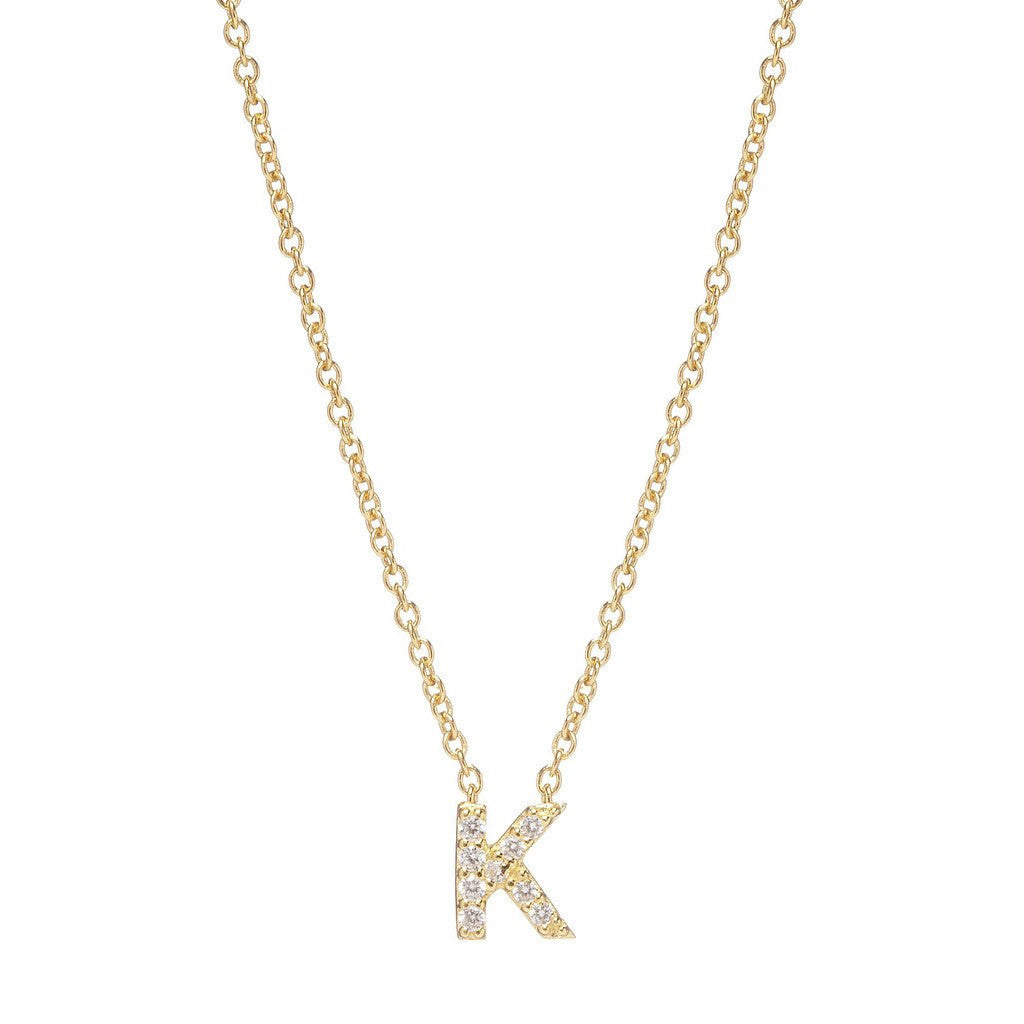 Petite Diamond Initial Necklace, letter K – 18k yellow gold plated sterling silver with genuine diamond pavé pendant – Sugar Bean Jewelry