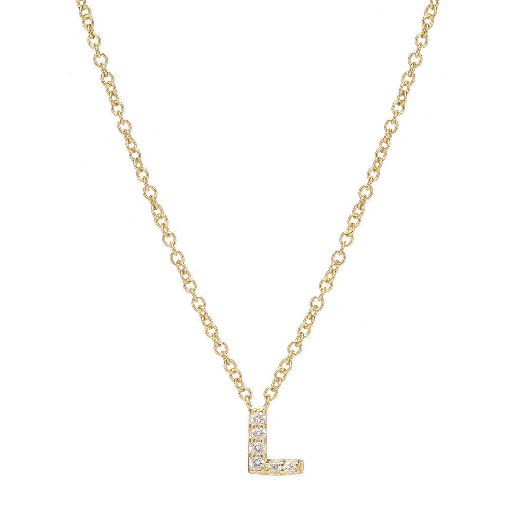 Petite Diamond Initial Necklace, letter L – 18k yellow gold plated sterling silver with genuine diamond pavé pendant – Sugar Bean Jewelry