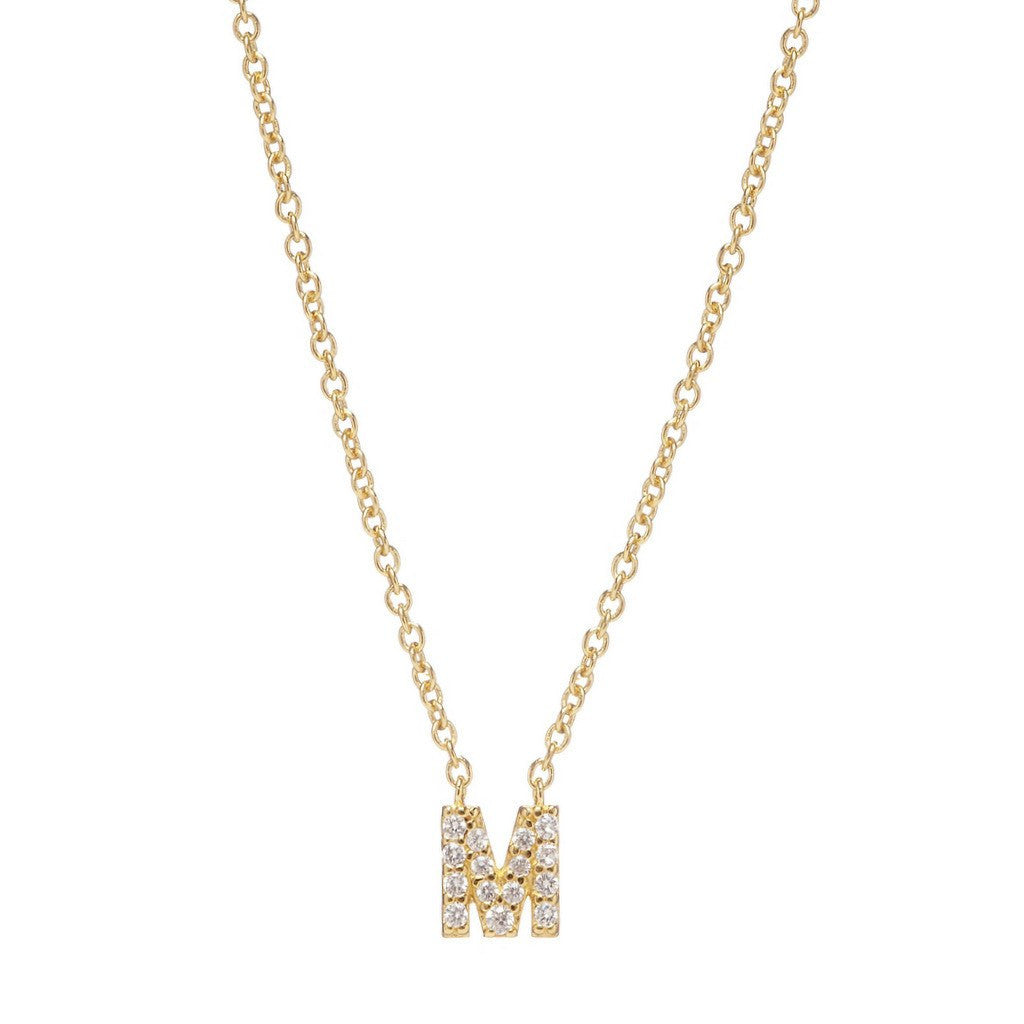 Petite Diamond Initial Necklace, letter M – 18k yellow gold plated sterling silver with genuine diamond pavé pendant – Sugar Bean Jewelry