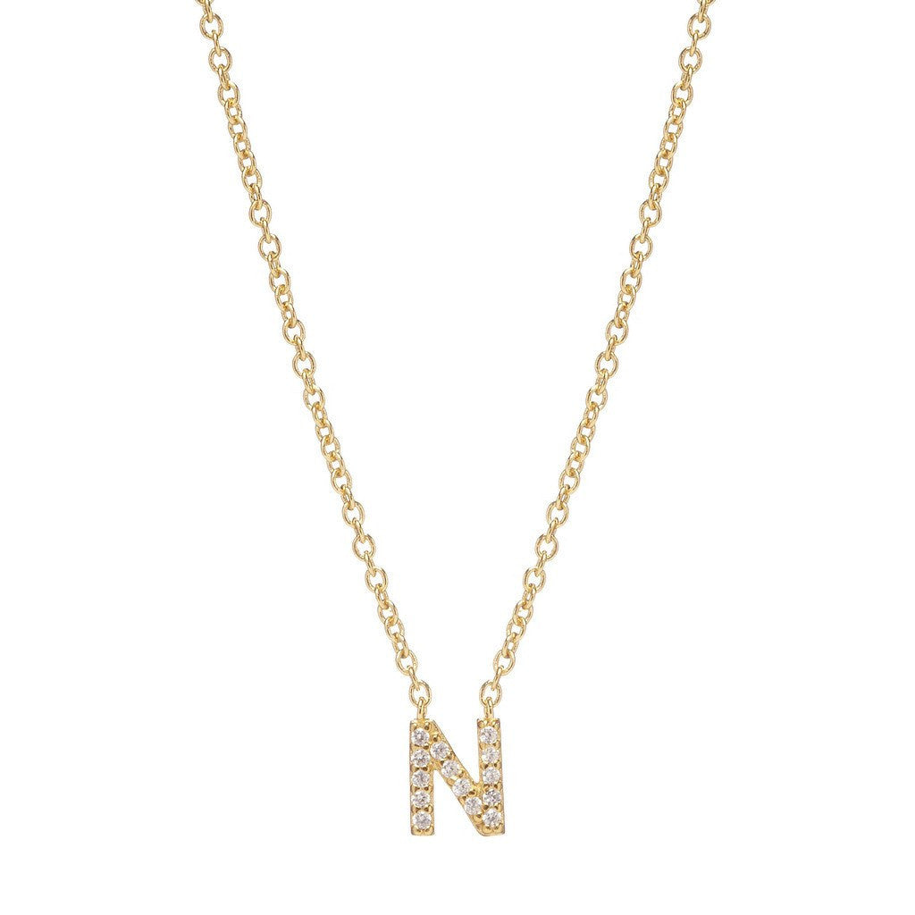Petite Diamond Initial Necklace, letter N – 18k yellow gold plated sterling silver with genuine diamond pavé pendant – Sugar Bean Jewelry