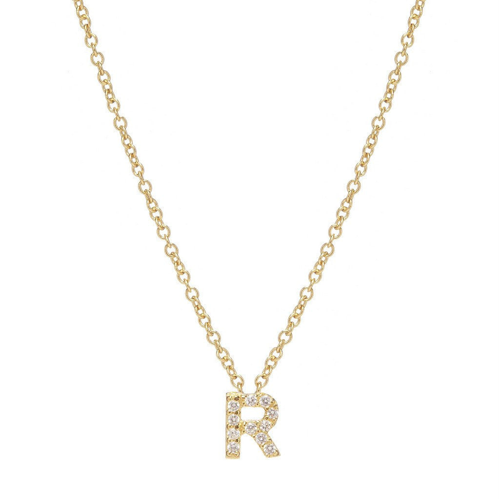 Petite Diamond Initial Necklace, letter R – 18k yellow gold plated sterling silver with genuine diamond pavé pendant – Sugar Bean Jewelry