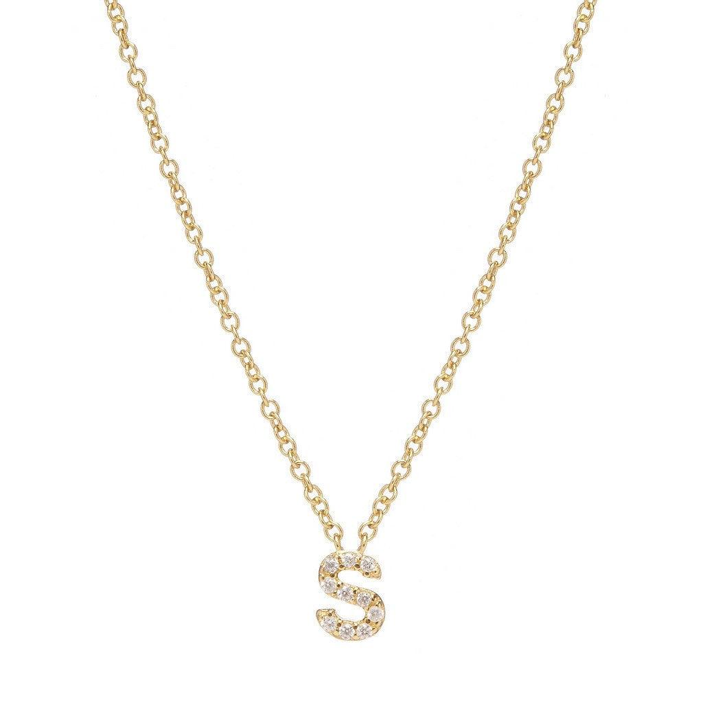 Petite Diamond Initial Necklace, letter S – 18k yellow gold plated sterling silver with genuine diamond pavé pendant – Sugar Bean Jewelry