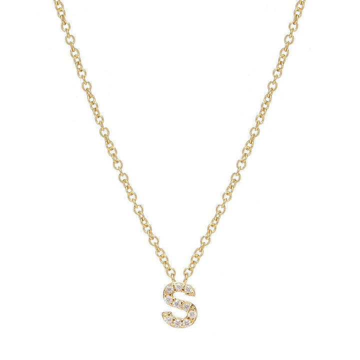 Petite Diamond Initial Necklace, letter S – 18k yellow gold plated sterling silver with genuine diamond pavé pendant – Sugar Bean Jewelry