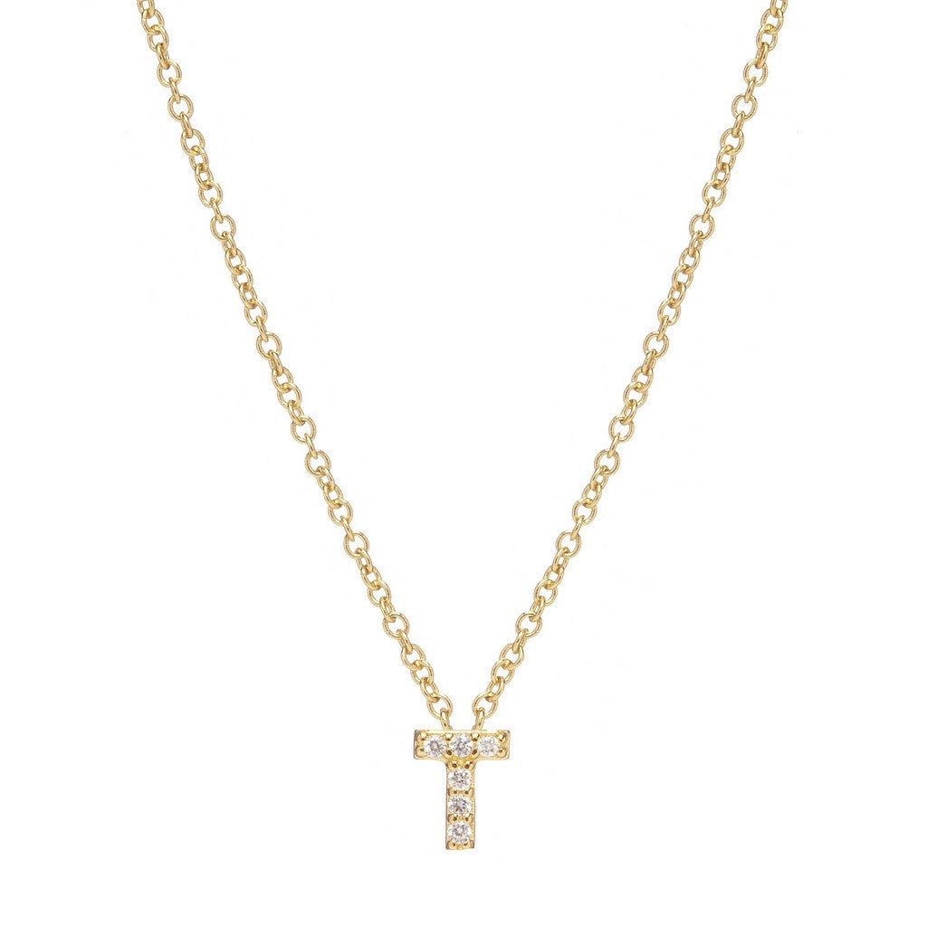 Petite Diamond Initial Necklace, letter T – 18k yellow gold plated sterling silver with genuine diamond pavé pendant – Sugar Bean Jewelry