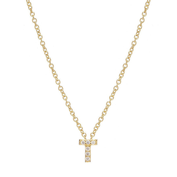 Petite Diamond Initial Necklace, letter T – 18k yellow gold plated sterling silver with genuine diamond pavé pendant – Sugar Bean Jewelry