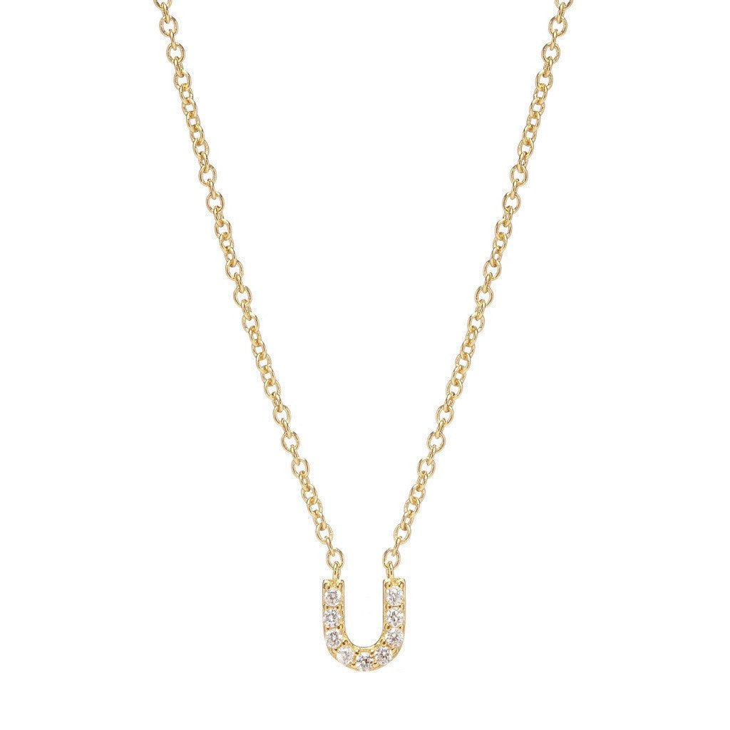 Petite Diamond Initial Necklace, letter U – 18k yellow gold plated sterling silver with genuine diamond pavé pendant – Sugar Bean Jewelry