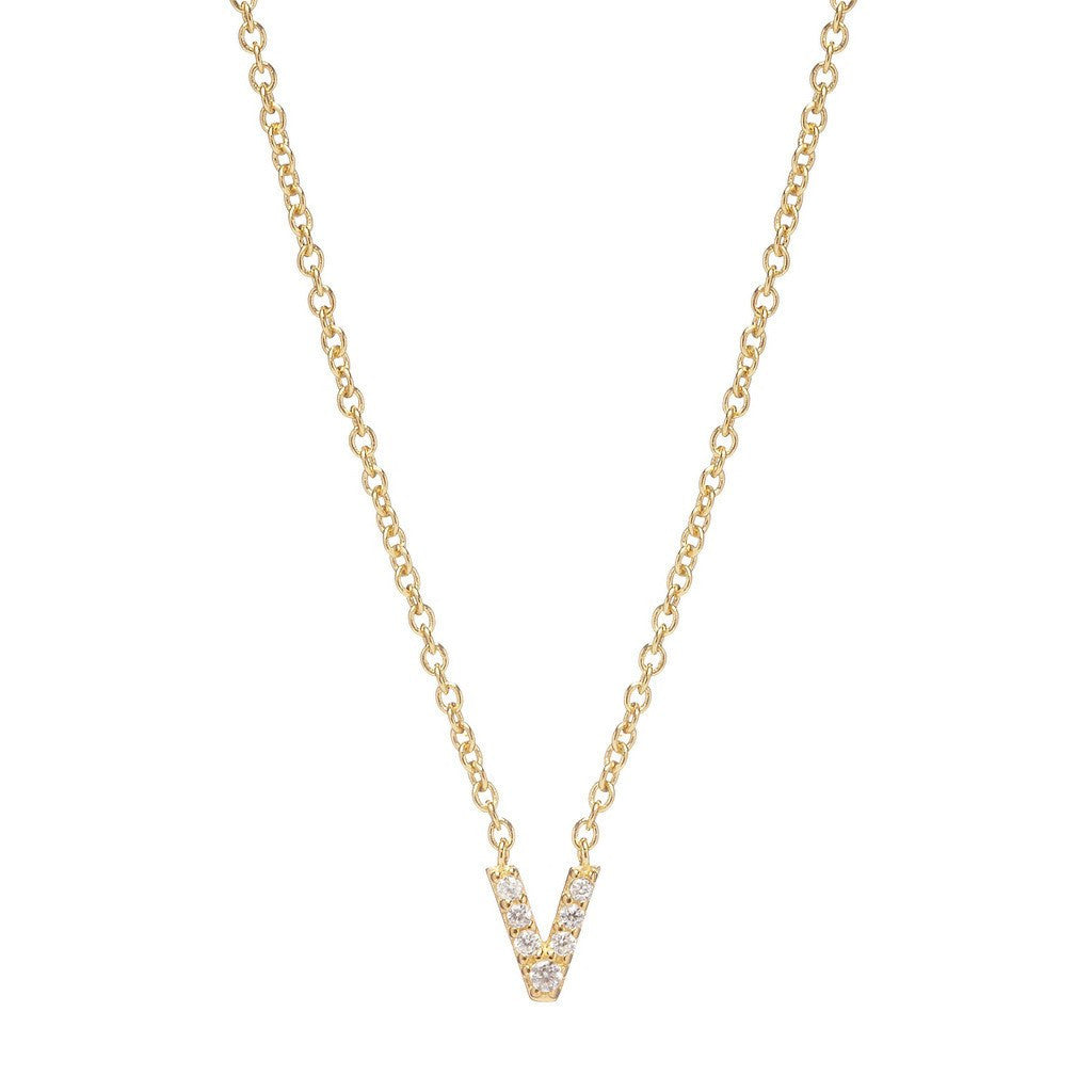 Petite Diamond Initial Necklace, letter V – 18k yellow gold plated sterling silver with genuine diamond pavé pendant – Sugar Bean Jewelry