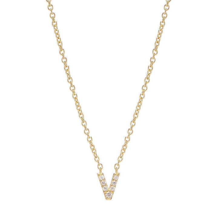 Petite Diamond Initial Necklace, letter V – 18k yellow gold plated sterling silver with genuine diamond pavé pendant – Sugar Bean Jewelry