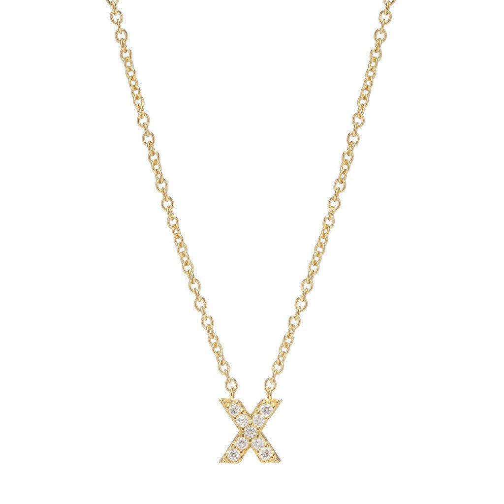 Petite Diamond Initial Necklace, letter X – 18k yellow gold plated sterling silver with genuine diamond pavé pendant – Sugar Bean Jewelry