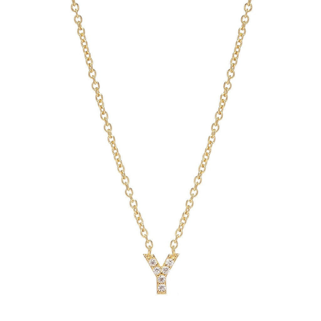 Petite Diamond Initial Necklace, letter Y – 18k yellow gold plated sterling silver with genuine diamond pavé pendant – Sugar Bean Jewelry