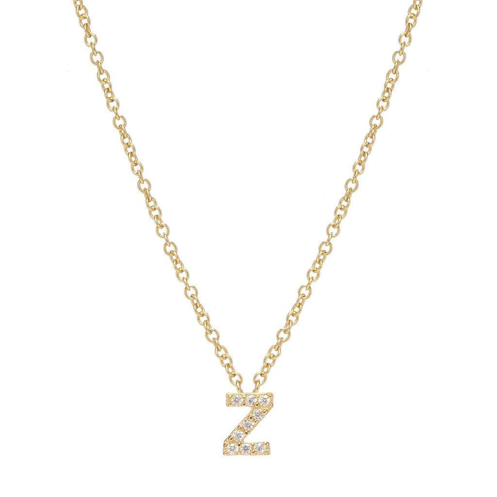 Petite Diamond Initial Necklace, letter Z – 18k yellow gold plated sterling silver with genuine diamond pavé pendant – Sugar Bean Jewelry