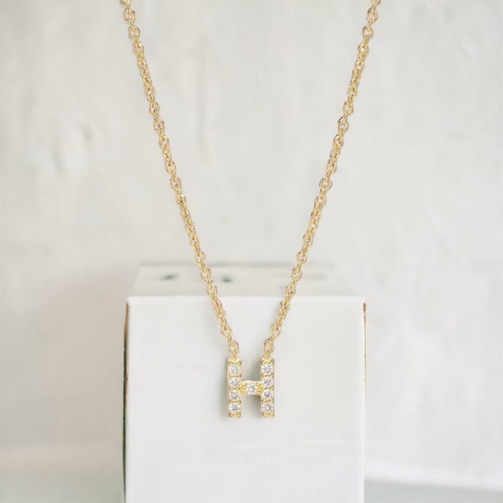 Petite Diamond Initial Necklace pendant detail – genuine diamond pavé letter, sterling silver – Sugar Bean Jewelry