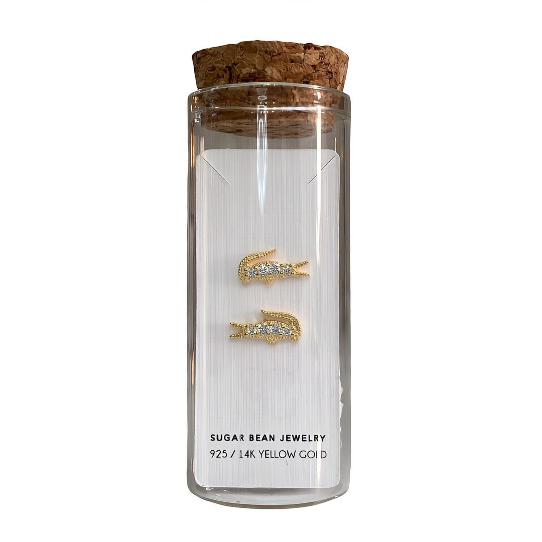 Alligator stud earrings worn – Sugar Bean Jewelry