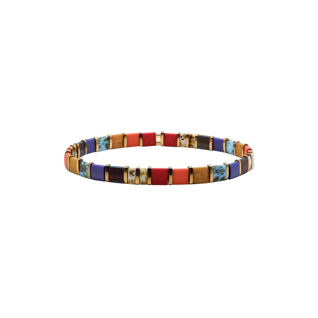 Bazaar Tila Bracelet – red, cobalt, turquoise, and mustard Miyuki glass bead stretch bracelet – Sugar Bean Jewelry