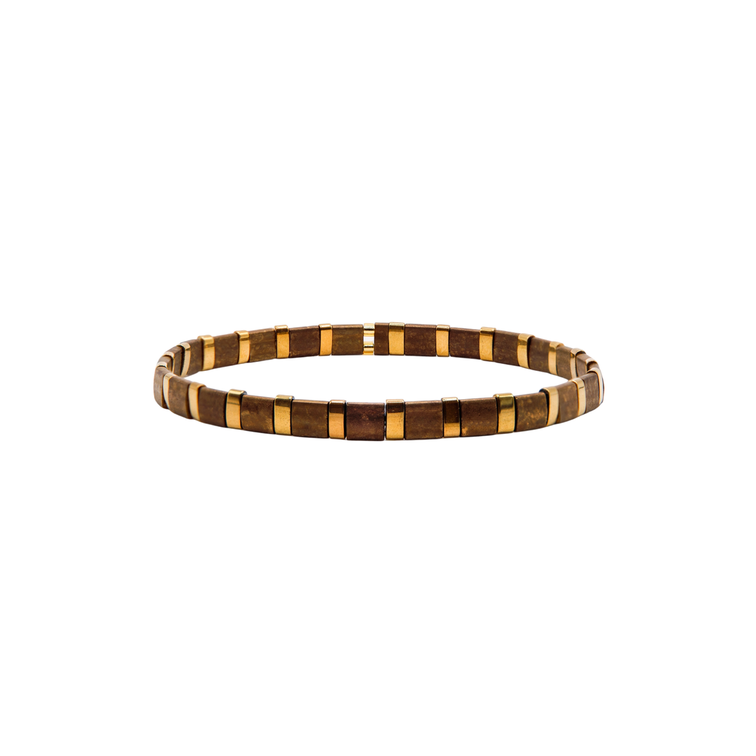 Bronze Age Tila Bracelet – bronze and gold striped Miyuki glass bead stretch bracelet – Sugar Bean Jewelry