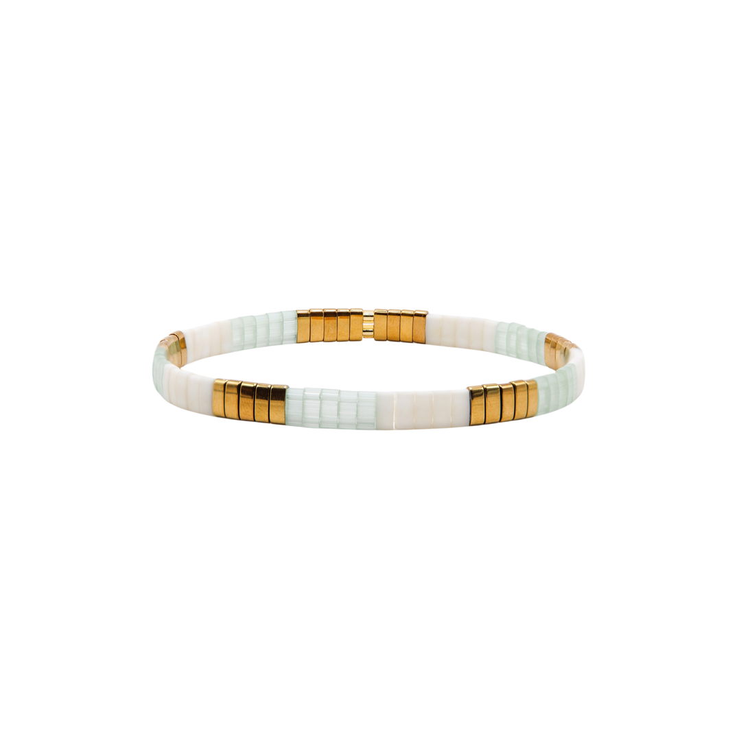 Capri Tila Bracelet – mint, cream, and gold Miyuki glass bead stretch bracelet – Sugar Bean Jewelry