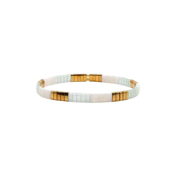 Capri Tila Bracelet – mint, cream, and gold Miyuki glass bead stretch bracelet – Sugar Bean Jewelry