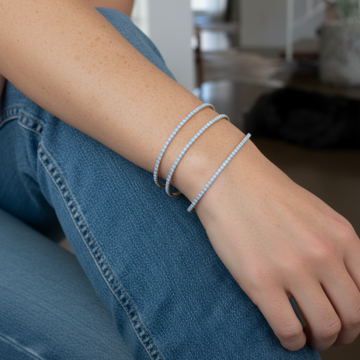 Blue Opal Classic Crystal Bangle Bracelet stacked with coordinating crystal bangles, Sugar Bean Jewelry