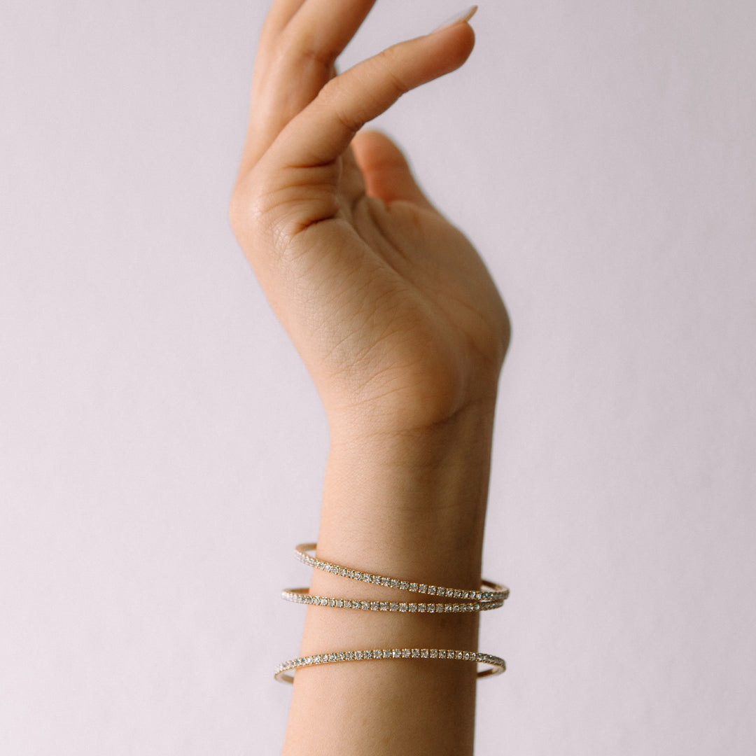 Classic crystal bangle bracelet gold styled with jeans – Sugar Bean Jewelry