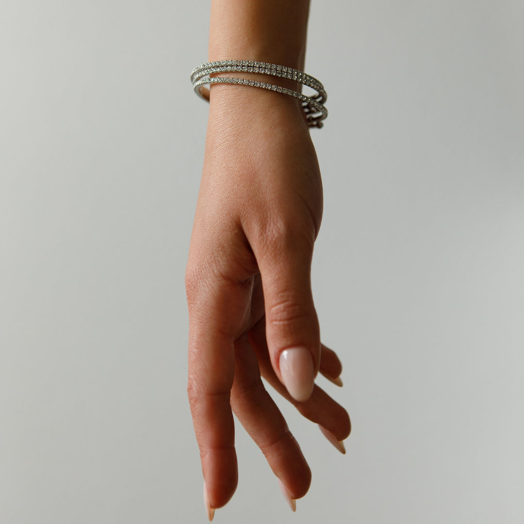 Classic crystal bangle bracelet silver styled with jeans – Sugar Bean Jewelry