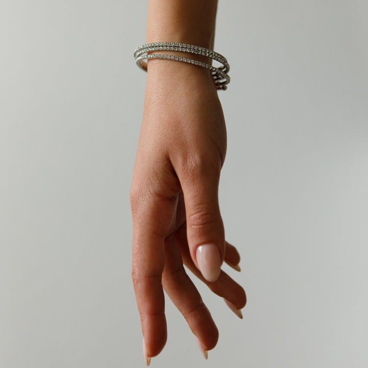Classic crystal bangle bracelet silver styled with jeans – Sugar Bean Jewelry