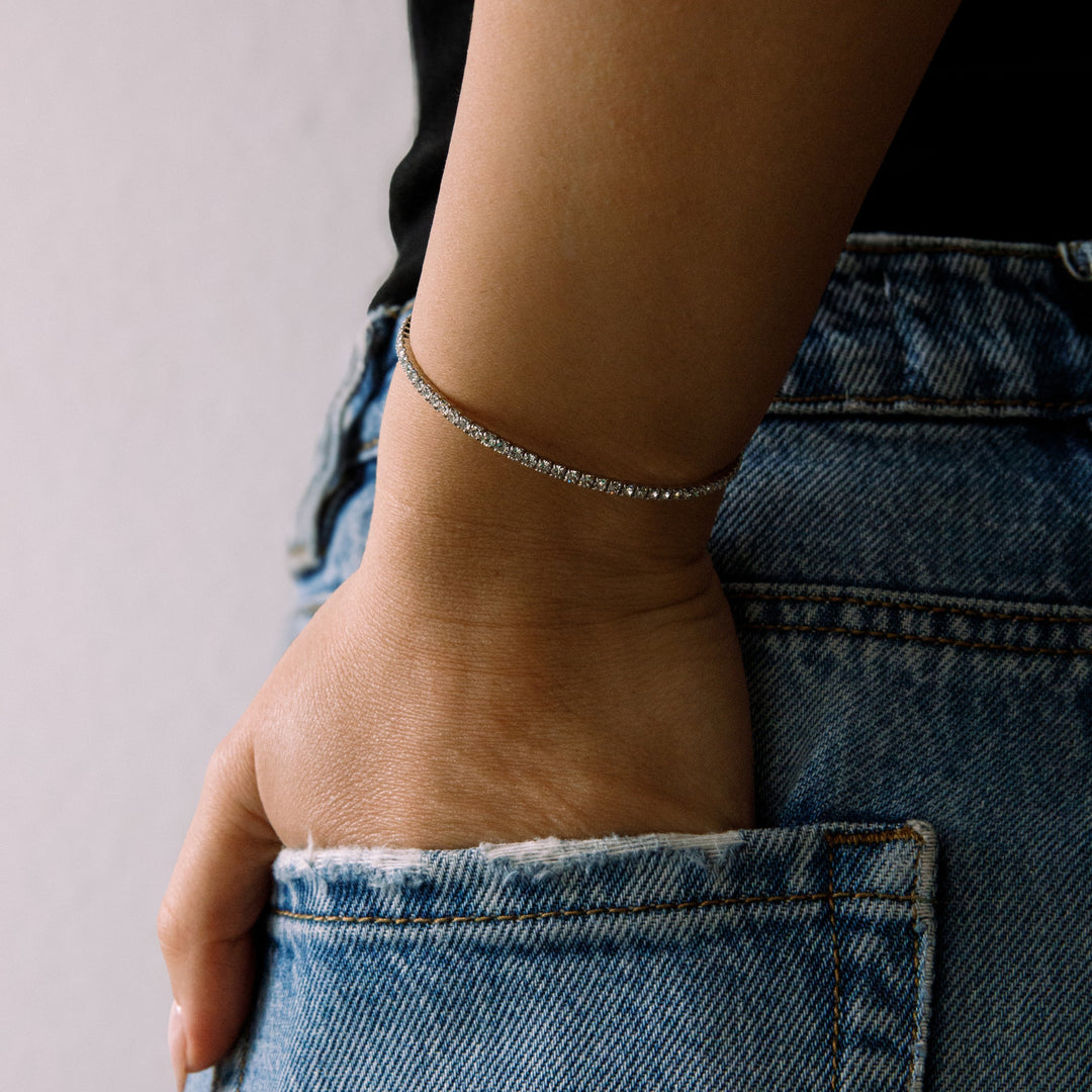 Classic crystal bangle bracelet silver worn on wrist – Sugar Bean Jewelry