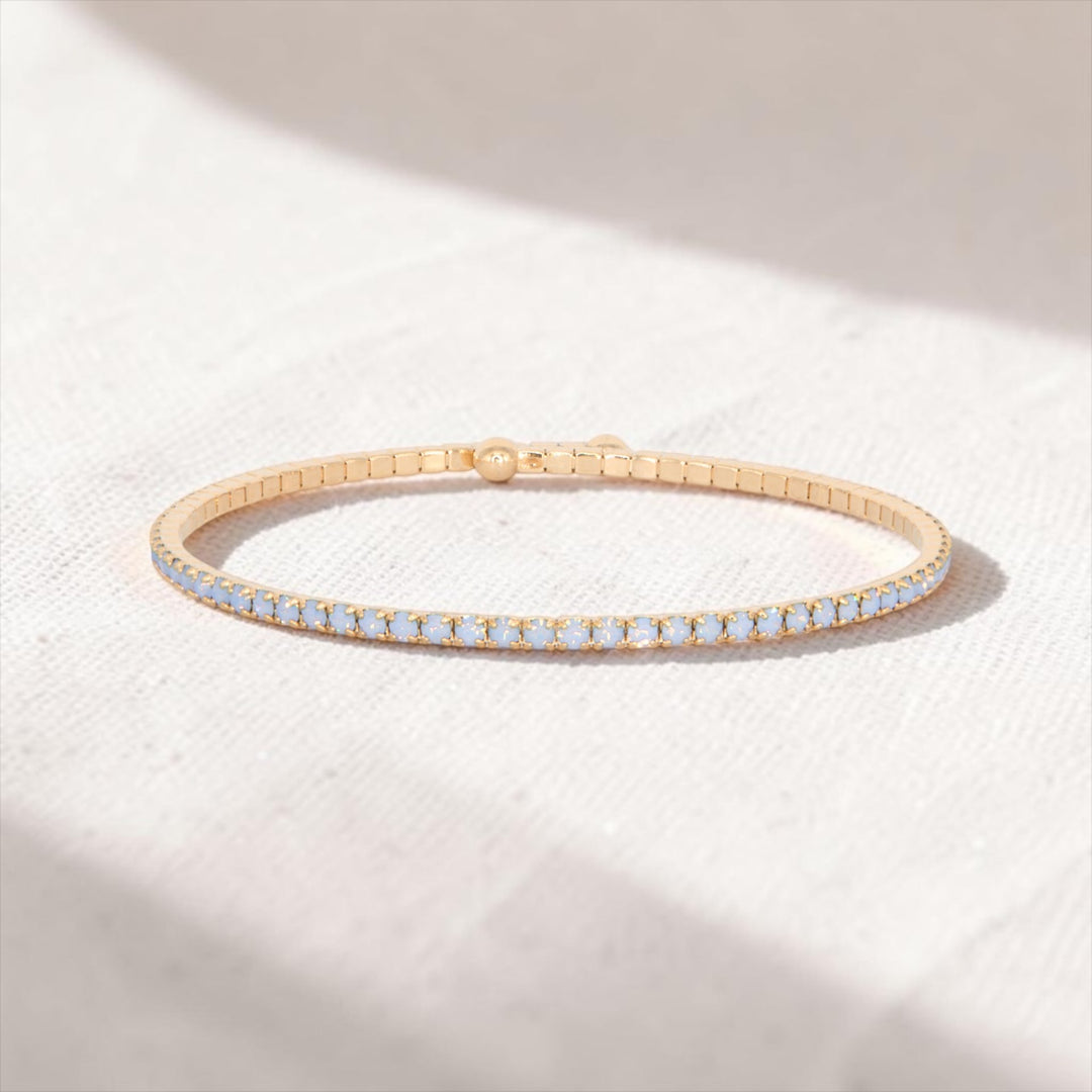 Blue Opal Classic Crystal Bangle Bracelet styled on natural linen, Sugar Bean Jewelry