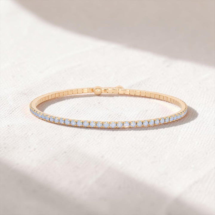 Blue Opal Classic Crystal Bangle Bracelet styled on natural linen, Sugar Bean Jewelry