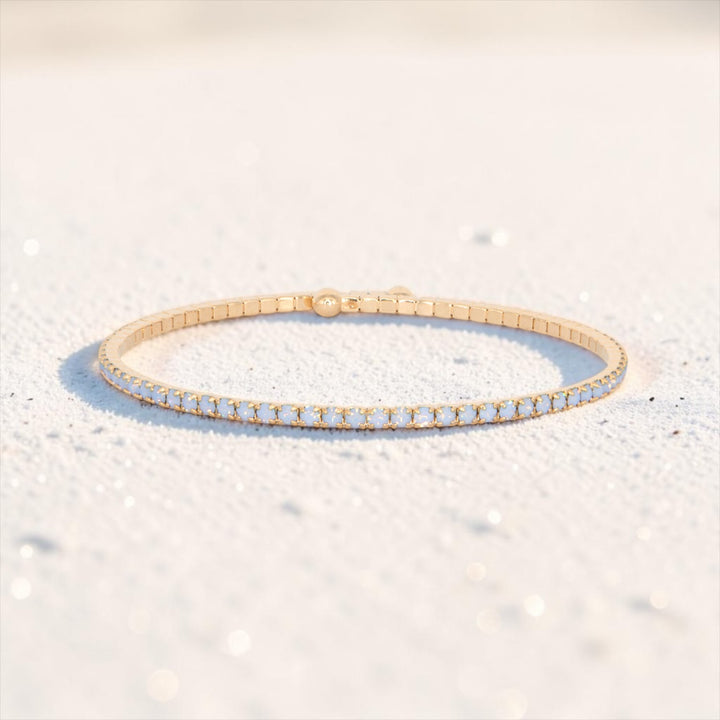Blue Opal Classic Crystal Bangle Bracelet on sand, periwinkle blue crystal jewelry, Sugar Bean Jewelry