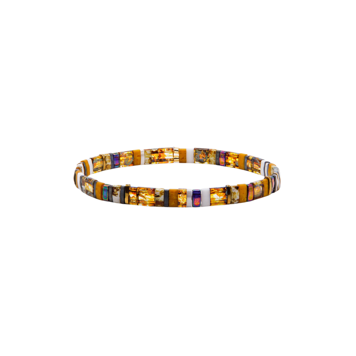 Cognac Tila Bracelet – amber, bronze, and ivory Miyuki glass bead stretch bracelet – Sugar Bean Jewelry