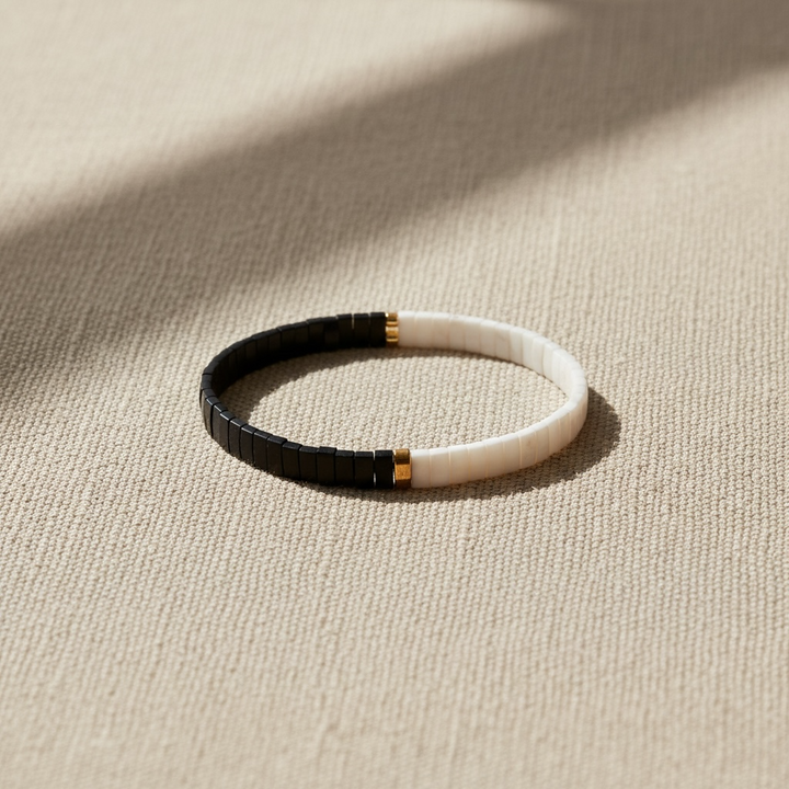 Contrast Tila Bracelet styled on linen – Sugar Bean Jewelry