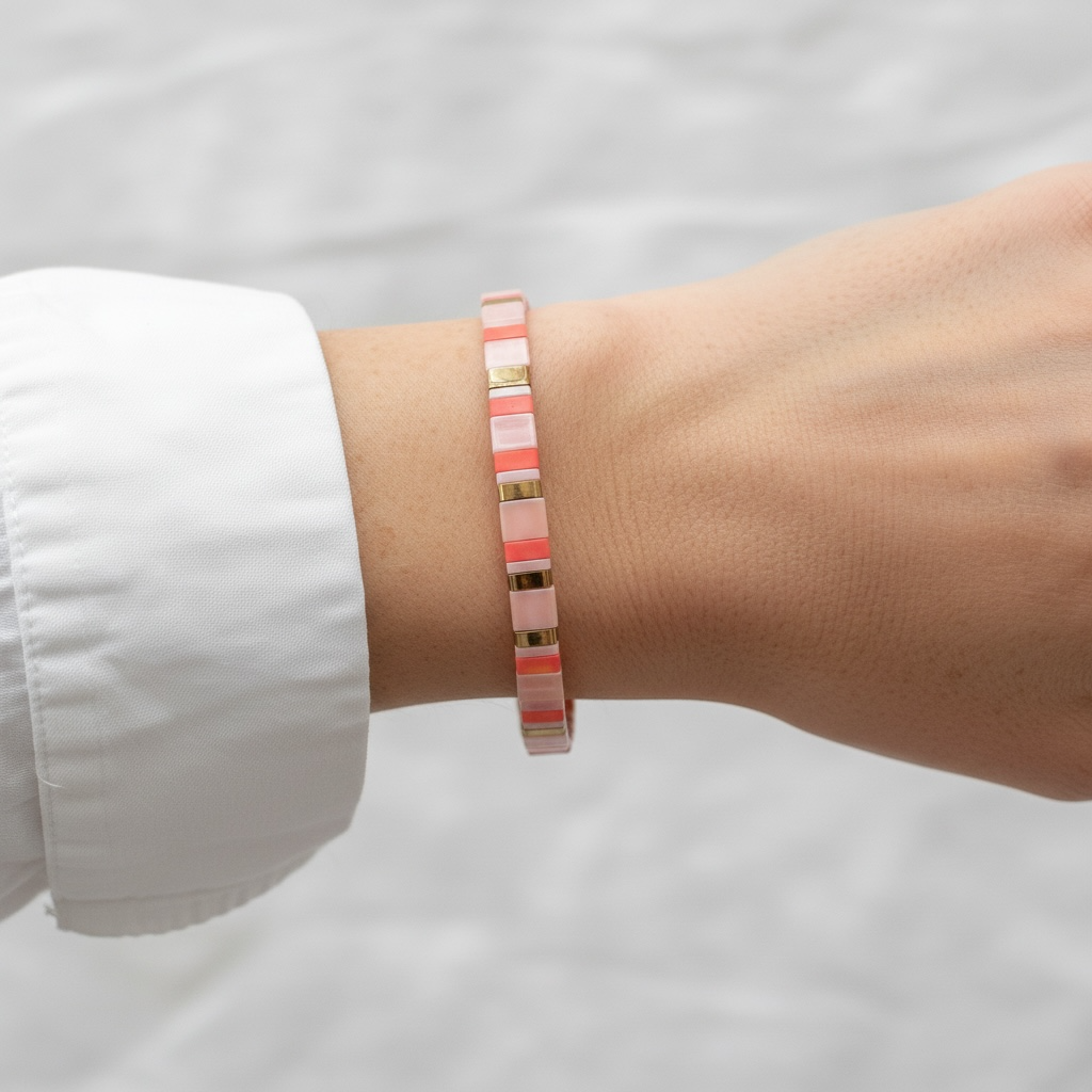 Coral Sands Tila Bracelet on wrist styled with white blouse showing pink and gold Japanese glass beads