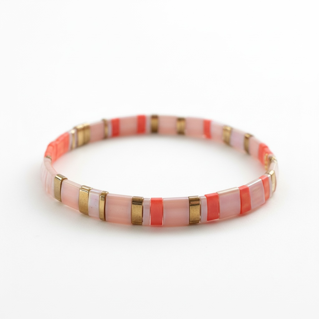 Coral Sands Tila Bracelet showing full pattern of blush pink, coral, and gold Miyuki Tila beads