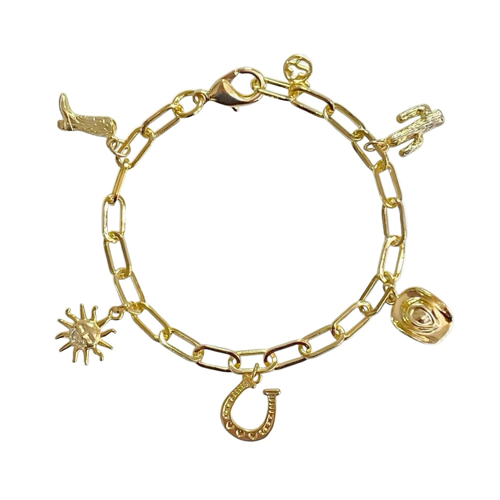 Gold cowgirl western charm bracelet with cowboy boot horseshoe cactus cowboy hat and sun charms