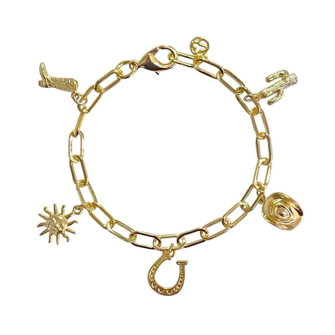 Gold cowgirl western charm bracelet with cowboy boot horseshoe cactus cowboy hat and sun charms