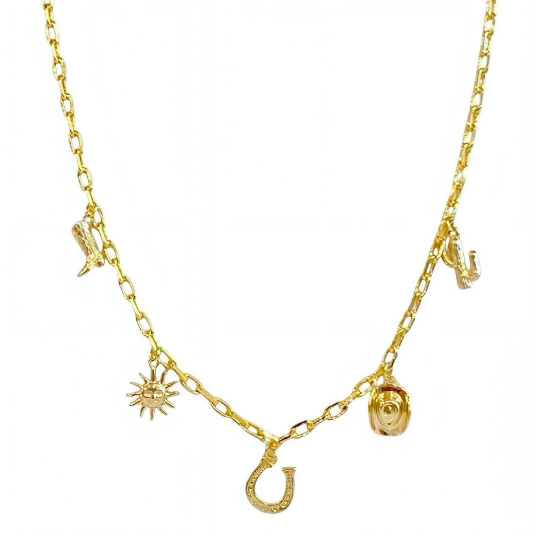 Gold cowgirl western charm necklace with cowboy boot horseshoe cactus cowboy hat and sun charms
