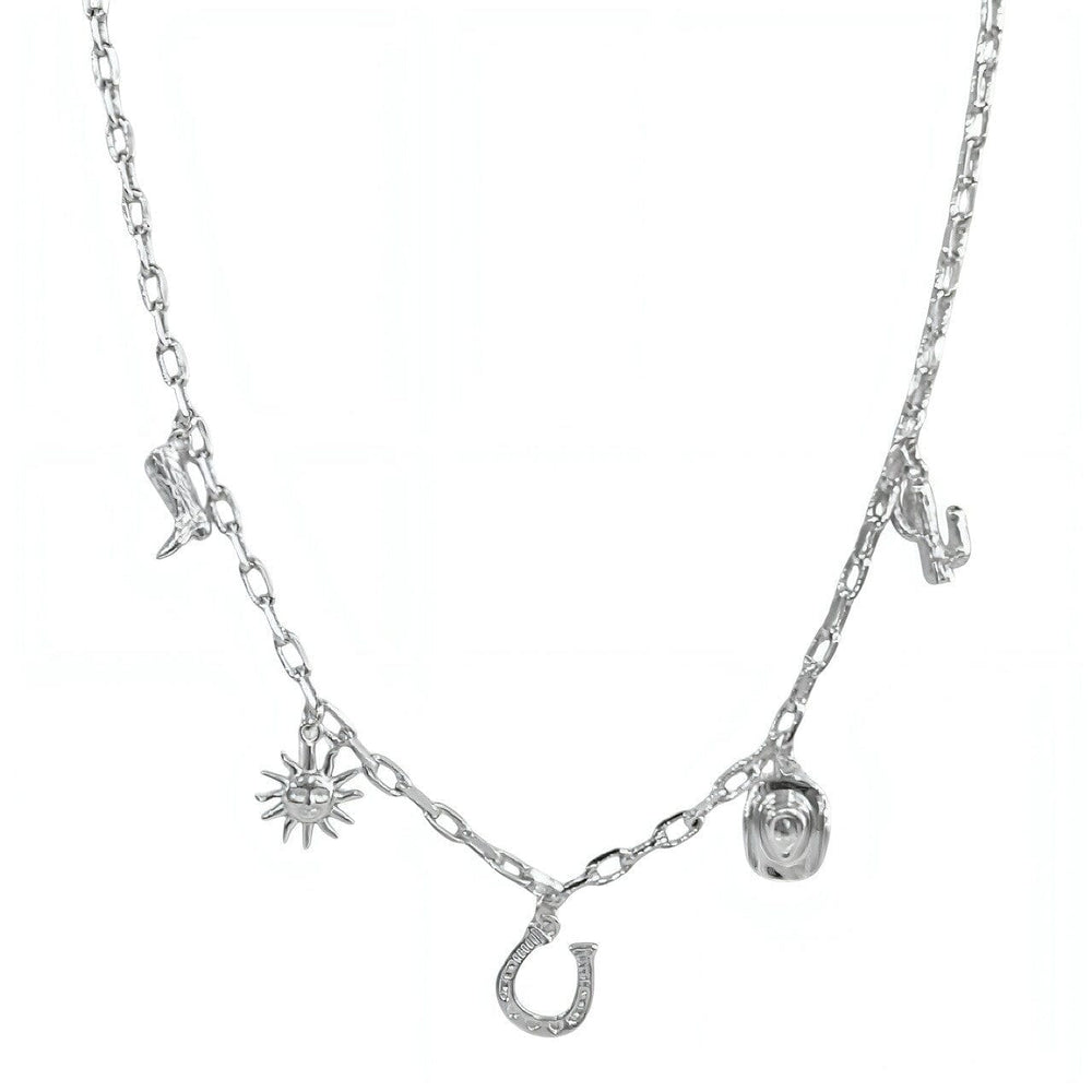 Silver cowgirl western charm necklace with cowboy boot horseshoe cactus cowboy hat and sun charms