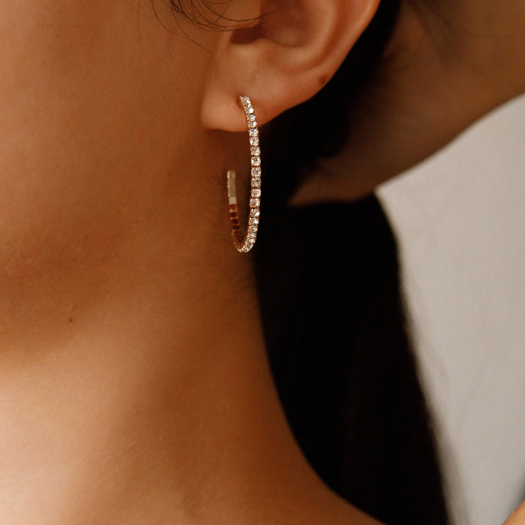 Crystal gold hoop earrings side profile – Sugar Bean Jewelry