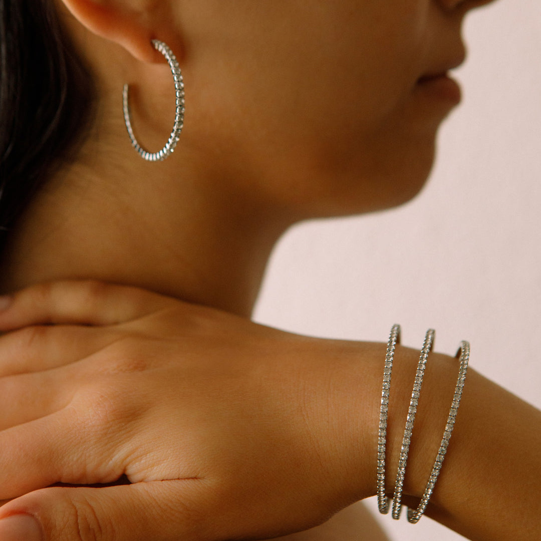 Crystal silver hoop earrings close up – Sugar Bean Jewelry