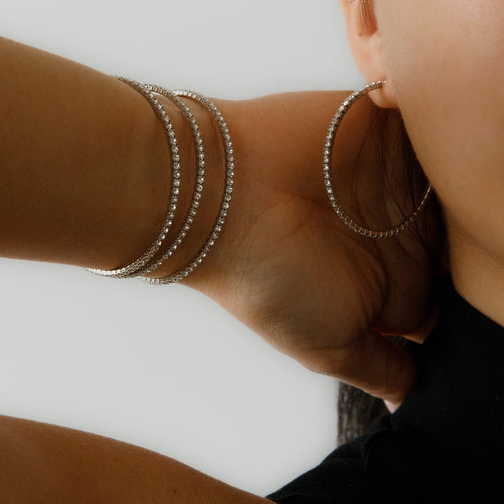 Crystal silver hoop earrings worn – Sugar Bean Jewelry