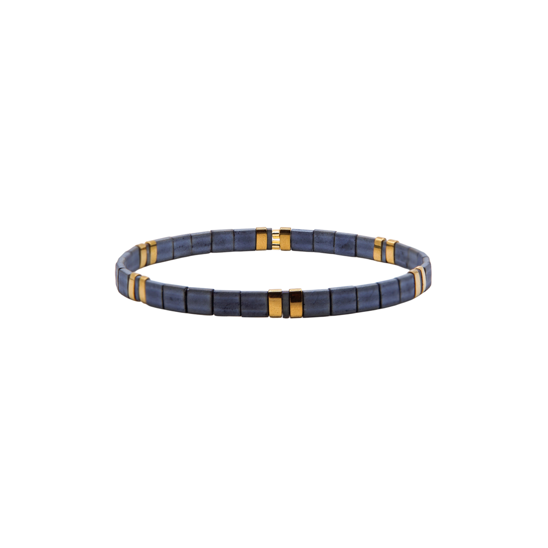Denim Luxe Tila Bracelet – slate blue and gold Miyuki glass bead stretch bracelet – Sugar Bean Jewelry