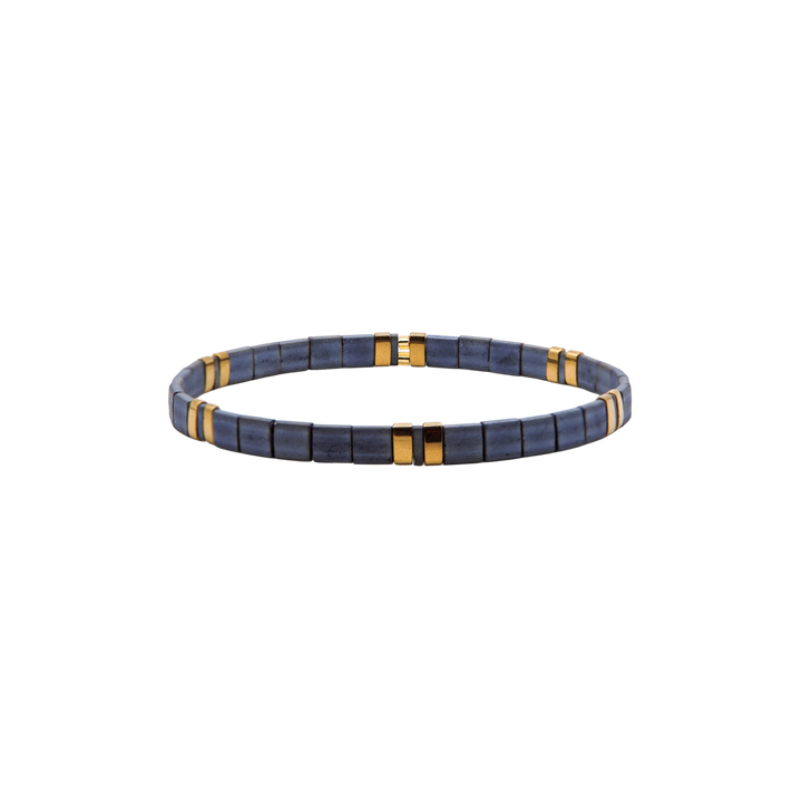 Denim Luxe Tila Bracelet – slate blue and gold Miyuki glass bead stretch bracelet – Sugar Bean Jewelry