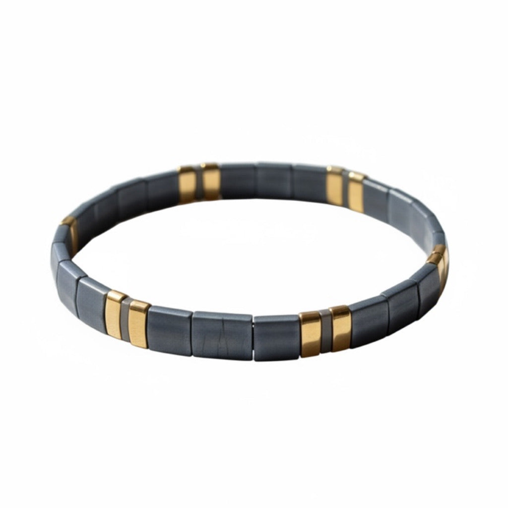 Denim Luxe Tila Bracelet on white background showing slate blue and gold Japanese glass beads